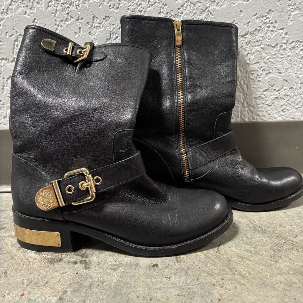 Elegant Vince Camuto Black Leather Moto Boots with Gold Buckles